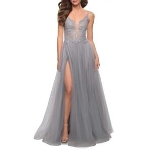 La Femme Silver Floral Embroidered Illusion Plunge Tulle Ballgown Size 4 NWT